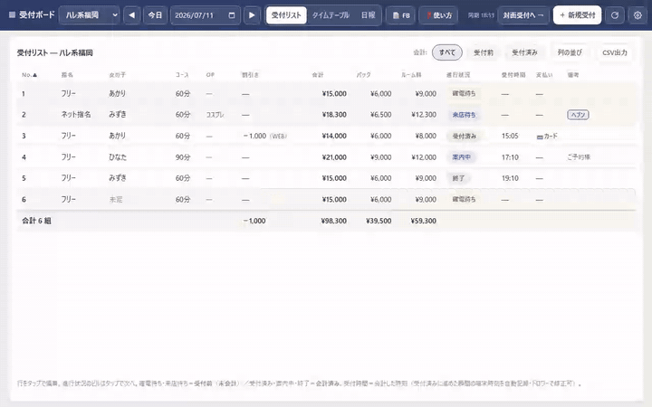 受付リストのステータスピルをタップして進行状況を進め、行の編集とCSV出力を行う操作